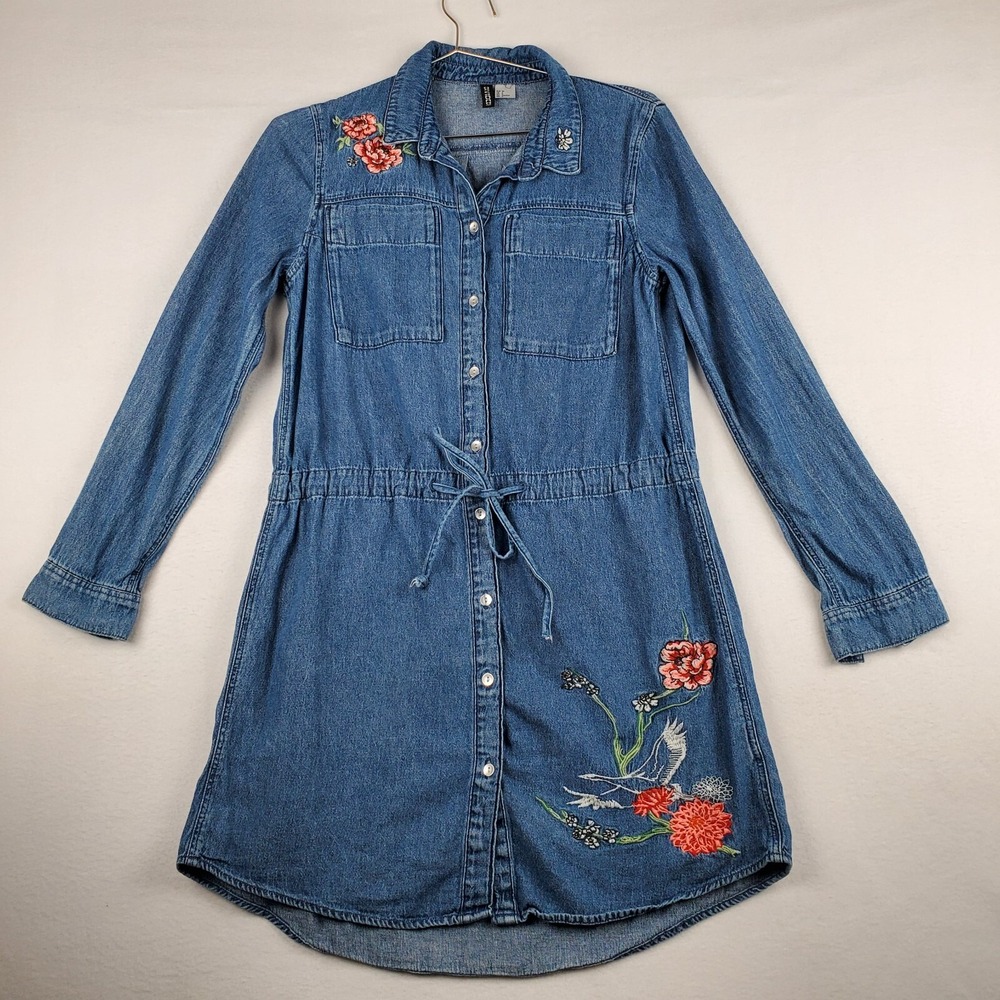 H&M Divided Shirt Dress Women's 6 Blue Denim Floral Embroidered Pleated Collared